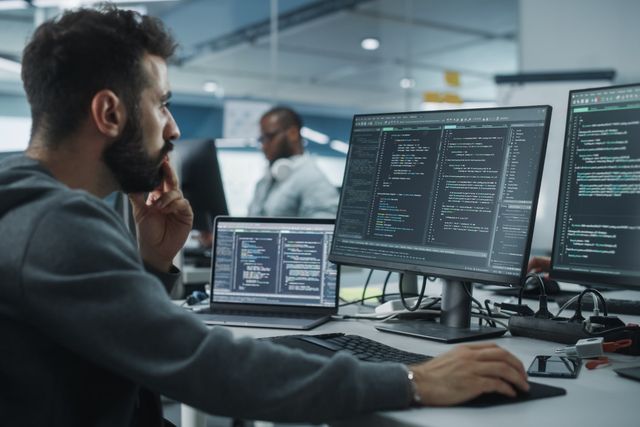 Begeisterter IT-Programmierer, der am Desktop-Computer arbeitet. Männlicher Spezialist, der innovative Software entwickelt. Ingenieur, der App, Programm, Videospiel entwickelt. Schreiben von Code im Terminal